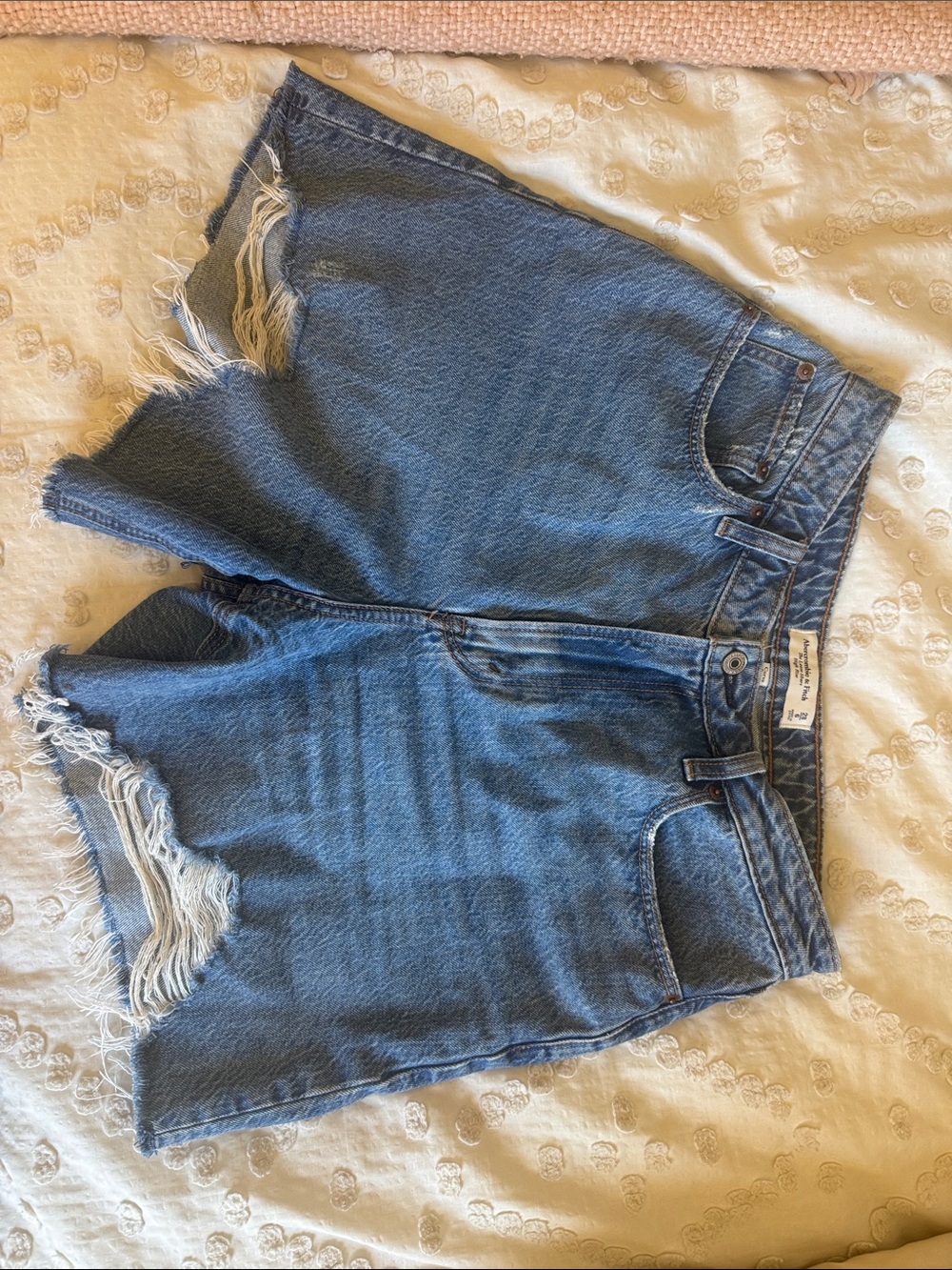 Abercrombie & Fitch Medium Blue Distressed High-Rise Curve Love Denim Shorts 6in